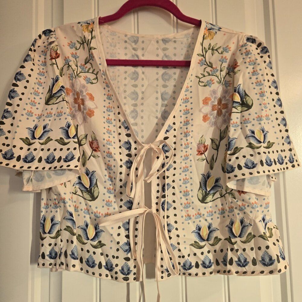 Floral tie front blouse by Shein size L petite, new and unused